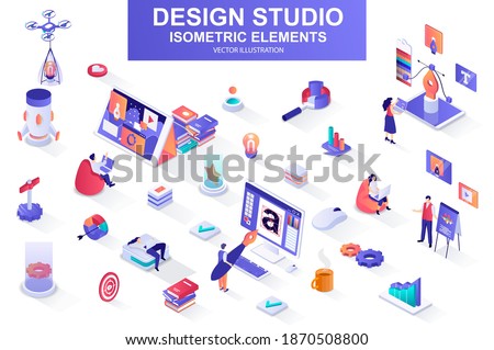 Design studio bundle of isometric elements. Ui UX design, font typography, front end development, interface design, website prototyping isolated icons. Isometric vector illustration kit with people.