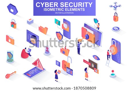 Cyber security bundle of isometric elements. Fingerprint scanner, padlock, password, firewall, data folder, electronic security key isolated icons. Isometric vector illustration with people characters