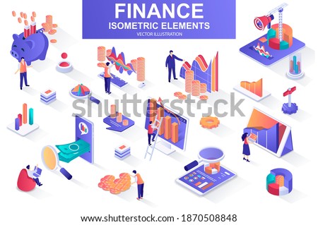 Finance bundle of isometric elements. Financial analytics, piggy bank, stock trading, market indexes, investment, money transfer isolated icons. Isometric vector illustration with people characters.