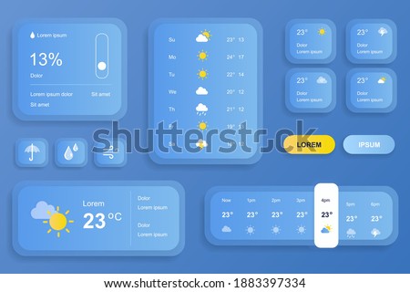 GUI elements for weather forecast mobile app. Temperature, atmospheric pressure, weather condition user interface generator. Ui ux toolkit vector illustration. Current and hourly forecast components.