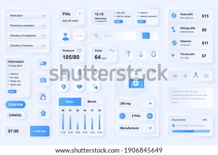 User interface elements for medical mobile app. Unique neumorphic design UI, UX, GUI, KIT elements template. Neumorphism style. Different form, components, button, menu, medicine vector icons.