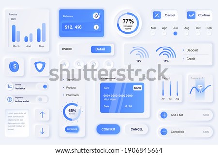 User interface elements for finance mobile app. Unique neumorphic design UI, UX, GUI, KIT elements template. Neumorphism style. Different form, components, button, menu, finance vector icons.