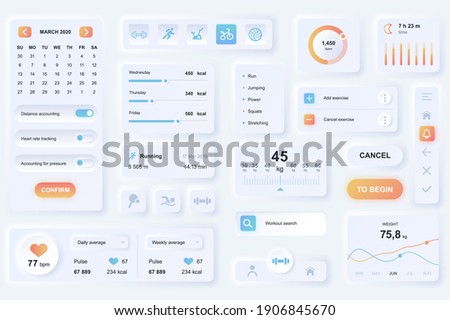User interface elements for fitness mobile app. Unique neumorphic design UI, UX, GUI, KIT elements template. Neumorphism style. Different form, components, button, menu, sport vector icons.