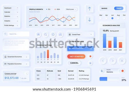 User interface elements for data analysis mobile app. Unique neumorphic design UI, UX, GUI, KIT elements template. Neumorphism style. Different form, components, button, menu, analysis vector icons.