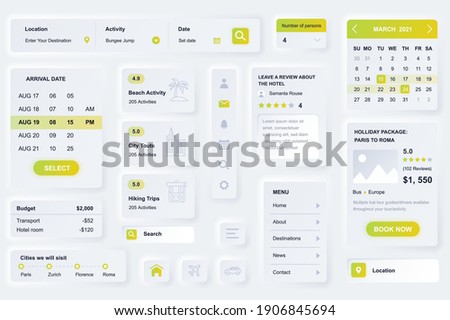 User interface elements for travel agency mobile app. Unique neumorphic design UI, UX, GUI, KIT elements template. Neumorphism style. Different form, components, button, menu, travel vector icons.