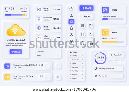 User interface elements for cloud technology mobile app. Unique neumorphic design UI, UX, GUI, KIT elements template. Neumorphism style. Different form, components, button, menu, vector icons.