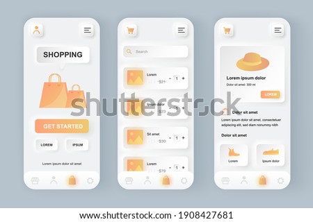 Online shopping unique neomorphic design kit. Shopping app with product photo, description and price. Internet marketplace platform UI UX templates set. Vector illustration of GUI for mobile app.