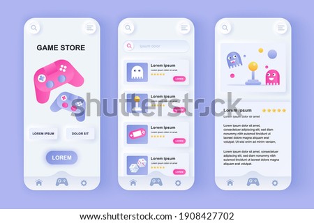 Game store unique neomorphic design kit. Online store of computer video games, gaming controllers and mobile accessories. UI UX templates set. Vector illustration of GUI for responsive mobile app.