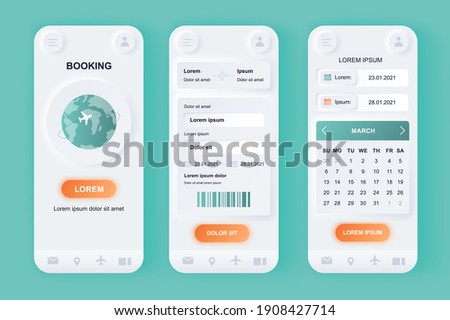 Flight booking unique neomorphic design kit. Online air tickets search and reservation, departure and arrival destinations, calendar. UI UX templates set. Vector illustration of GUI for mobile app.