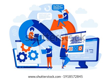 DevOps engineers web design with people. DevOps developers work with computers scene. Development operations composition in flat style. Vector illustration for social media promotional materials.