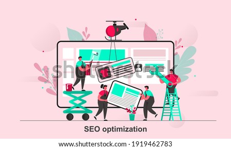 SEO optimization web concept design in flat style. SEO teamwork scene visualization. Website optimization for relevant searches. Vector illustration with tiny people characters in life situation.