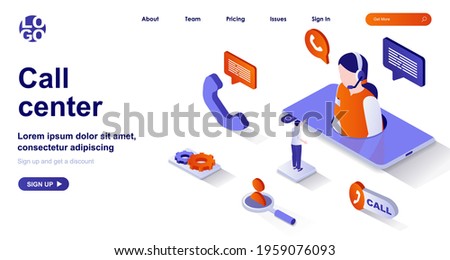 Call center isometric landing page. Customer support isometry concept. Hotline operator in headset consults client in chat 3d web banner. Vector illustration with people characters in flat design