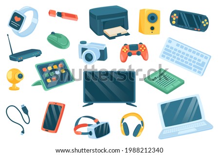 Devices cute stickers isolated set. Collection of fitness tracker, printer, music column, console, wifi router, tablet, cameras, tv, laptop, smartphone. Vector illustration in flat cartoon design