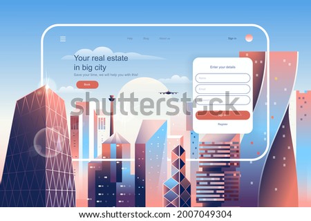 Real estate in big city concept. Real estate agency website layout. Construction, purchase and sale of apartments in skyscrapers buildings. Vector illustration in flat design for landing page