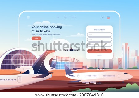 Online booking at air tickets concept. Airplane ticket reservation service website layout. International tourism and travel, go on vacation. Vector illustration in flat design for landing page