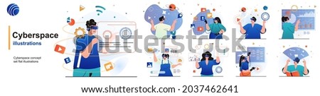 Cyberspace isolated set. Virtual reality technology, gaming and education. People collection of scenes in flat design. Vector illustration for blogging, website, mobile app, promotional materials.