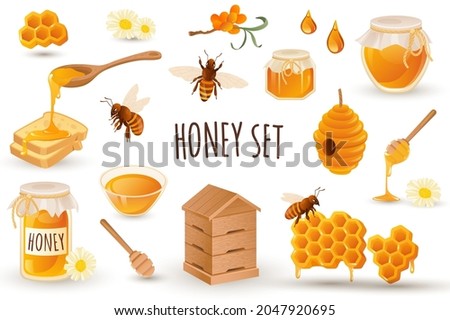 Honey production icon set in realistic 3d design. Bundle of bees, honeycomb, apiary, toast, beehive, jar with honey and other. Beekeeping collection. Vector illustration isolated on white background