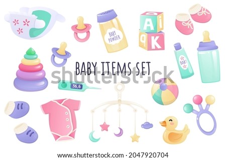 Baby items icon set in realistic 3d design. Bundle of diaper, pacifier, powder, cream, bottle, clothes, toys and other. Newborn accessory collection. Vector illustration isolated on white background