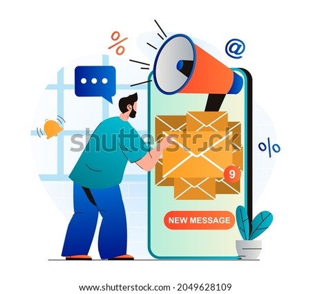 Email marketing concept in modern flat design. Man receiving new mails in mobile app. Advertising mailing to inform new customers. Online promotion and advertising campaign. Vector illustration Photo stock © 