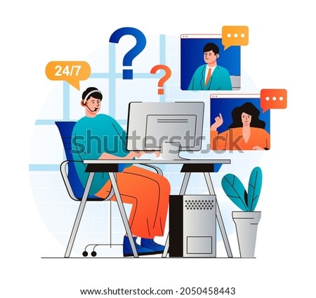 Virtual assistant concept in modern flat design. Man operator with headphones advises and helps clients around the clock using video calls at computer. Customer support service. Vector illustration