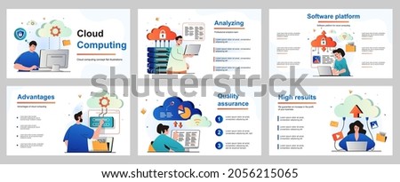 Cloud computing concept for presentation slide template. People uploading files, storage data at server and processing information, using cloud technology. Vector illustration for layout design