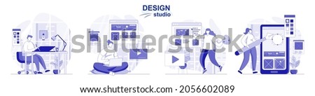 Design studio isolated set in flat design. People draw graphic elements and create web content, collection of scenes. Vector illustration for blogging, website, mobile app, promotional materials.