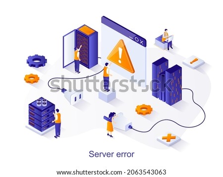 Server error isometric web concept. People working on problem site, hardware and software maintenance, tech support. 404 page error scene. Vector illustration for website template in 3d design