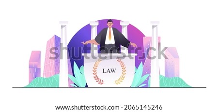 Law office concept for web banner. Lawyer or attorney consulting clients, professional legal support of business, modern people scene. Vector illustration in flat cartoon design with person characters