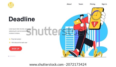 Deadline at office web banner concept. Man runs with phone in hand with counts down time. Stress at work and time management landing page template. Vector illustration with people scene in flat design