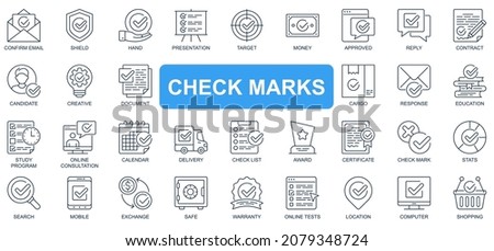 Check marks concept simple line icons set. Bundle of email, shield, hand, presentation, target, money, approved, reply, contract and other. Vector pack outline symbols for website or mobile app design