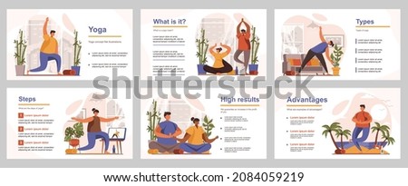 Yoga training concept for presentation slide template. People perform yoga asanas, relaxing and meditation, wellness and healthy lifestyle. Vector illustration with flat persons for layout design