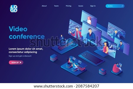 Video conference concept isometric landing page. Colleagues discussing work tasks by video call with multiple screens, 3d web banner template. Vector illustration with people scene in flat design