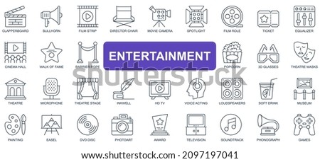 Entertainment concept simple line icons set. Pack outline pictograms of clapperboard, bullhorn, film, movie, camera, ticket, cinema hall and other. Vector symbols for website and mobile app design