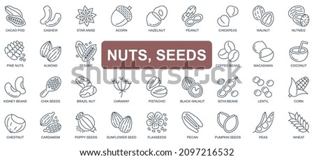 Nuts and seeds concept simple line icons set. Pack outline pictograms of cacao pod, cashew, walnut, acorn, hazelnut, peanut, coffee beans and other. Vector symbols for website and mobile app design