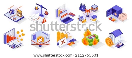 Unemployment and crisis concept isometric 3d icons set. Mass layoffs, business closures, sale of real estate for debts, loss of money, bankruptcy, isometry isolated collection. Vector illustration