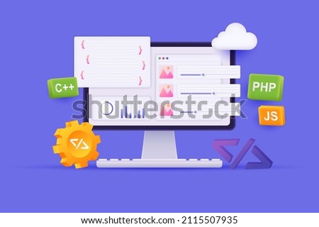 Web development and programming concept 3D illustration. Icon composition with page settings at computer screen, cloud computing, coding, php, java script. Vector illustration for modern web design
