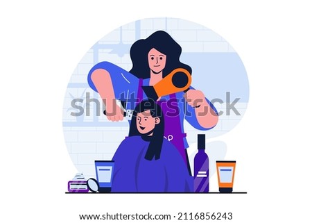 Beauty salon modern flat concept for web banner design. Hairdresser dries hair with hairdryer to client and does styling. Woman gets haircut in studio. Vector illustration with isolated people scene
