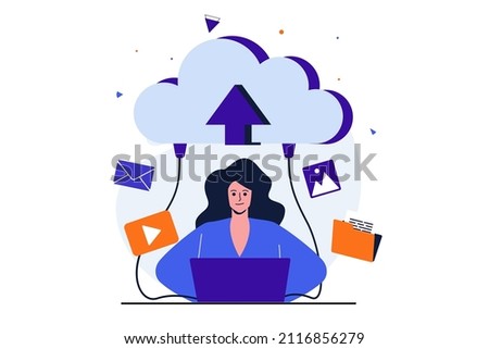 Cloud computing modern flat concept for web banner design. Woman sharing videos and images online, backing up files to cloud storage from laptop. Vector illustration with isolated people scene