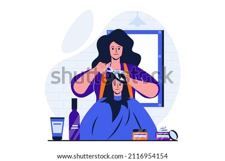 Beauty salon modern flat concept for web banner design. Hairdresser cuts hair with scissors and shapes client's bangs. Woman getting haircut in studio. Vector illustration with isolated people scene