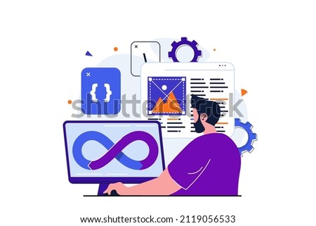 Programmer working modern flat concept for web banner design. developer creates software and programming code. Manager administers devops processes. Vector illustration with isolated people scene