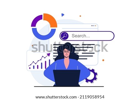 Seo analysis modern flat concept for web banner design. Woman analyst studies data, selects keywords and optimizes site for popular search queries. Vector illustration with isolated people scene Stock foto © 