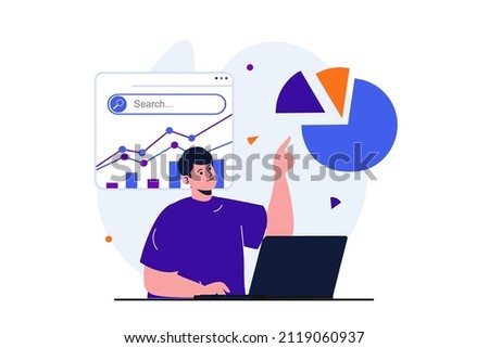 Seo analysis modern flat concept for web banner design. Man analyzes data, adjusts search results, raises rating, increases traffic, works at laptop. Vector illustration with isolated people scene