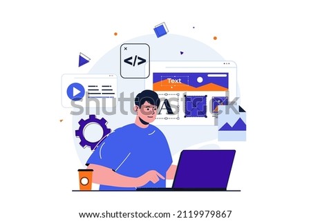 Web designer modern flat concept for web banner design. Man working with website layout, places images and other graphic elements, optimized page code. Vector illustration with isolated people scene