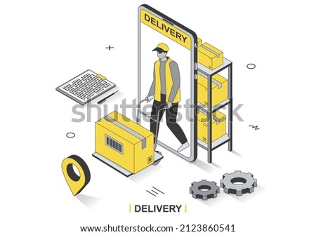 Delivery service concept in 3d isometric outline design. Warehouse worker carries parcel, courier delivers box, fast shipping transportation, line web template. Vector illustration with people scene