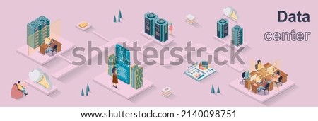 Data center concept 3d isometric web banner. People engineers work in server rooms, support operation of software and hardware database. Vector illustration for landing page and web template design