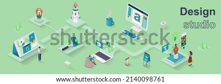 Design studio concept 3d isometric web banner. People work on creative project, make graphics and logos, select colors, develop interfaces. Vector illustration for landing page and web template design