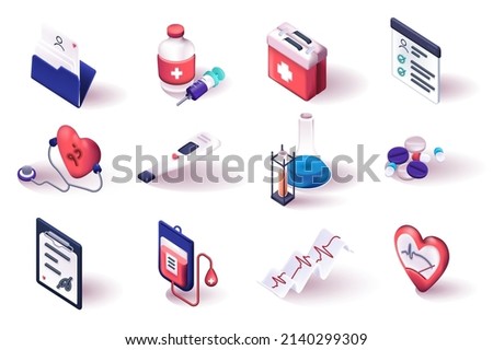 Medical service 3d isometric icons set.