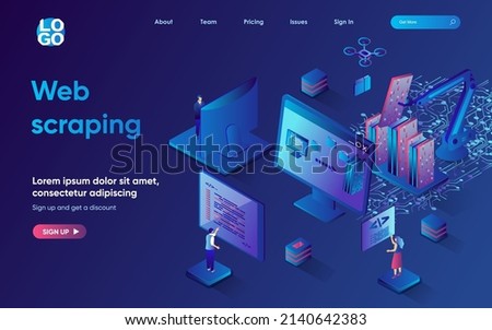 Web scraping concept 3d isometric web landing page. People use services to automatic collect and analyze data from websites and user behavior research. Vector illustration for web template design