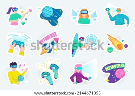 Metaverse cute stickers set in flat cartoon design. Bundle of man and woman in VR headset, joystick, gaming, rocket, space, controller and other. Vector illustration for planner or organizer template