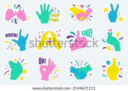 Hands gesture cute stickers set in flat cartoon design. Bundle of high five, holding hands, victory, rock, love, like, okey, applause and other. Vector illustration for planner or organizer template